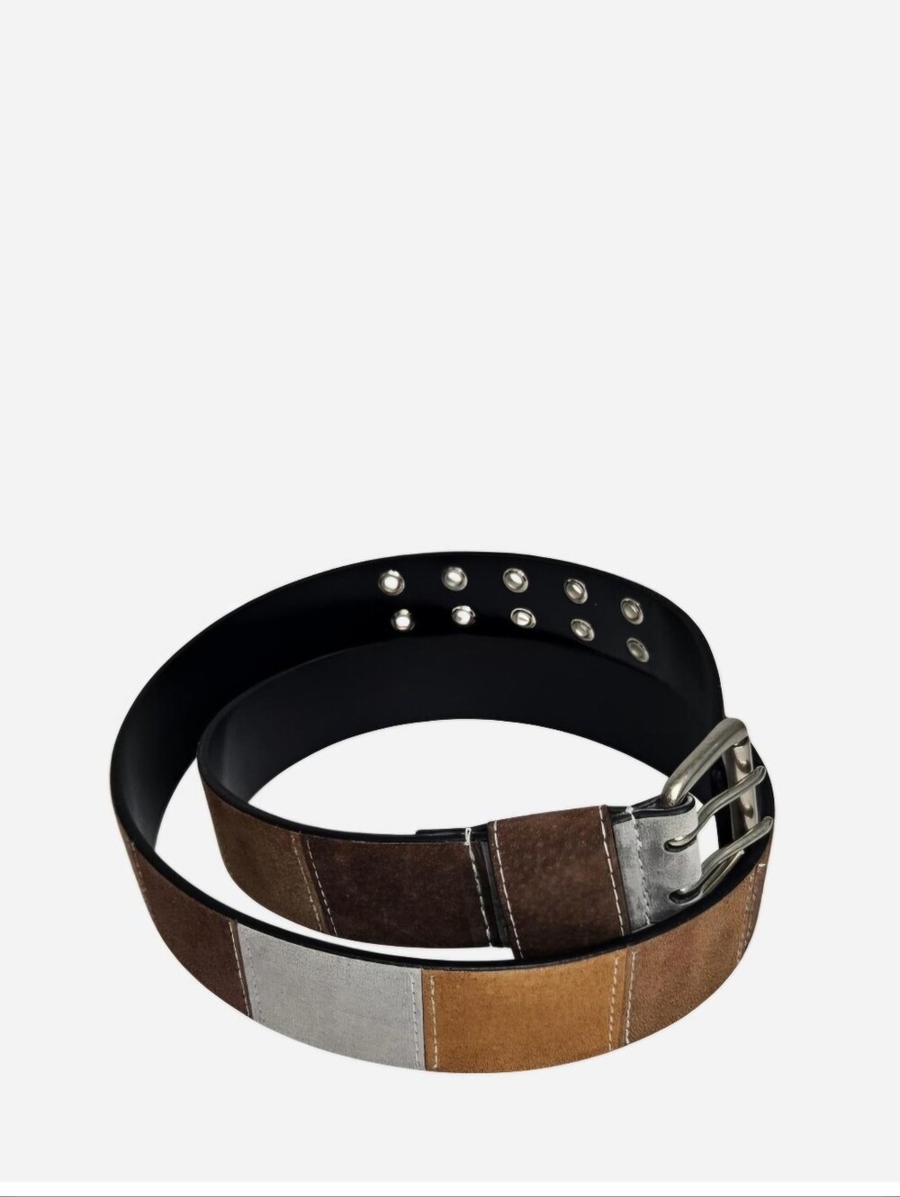 Suede leather brown & gray patchwork belt with white stitching - Picture 5 of 8